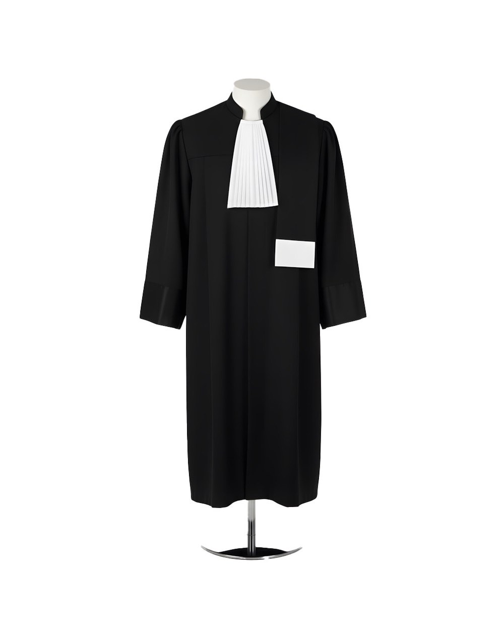 Robă de avocat Prestige, vedere din față — bavetă albă plisată și etolă neagră cu terminație albă