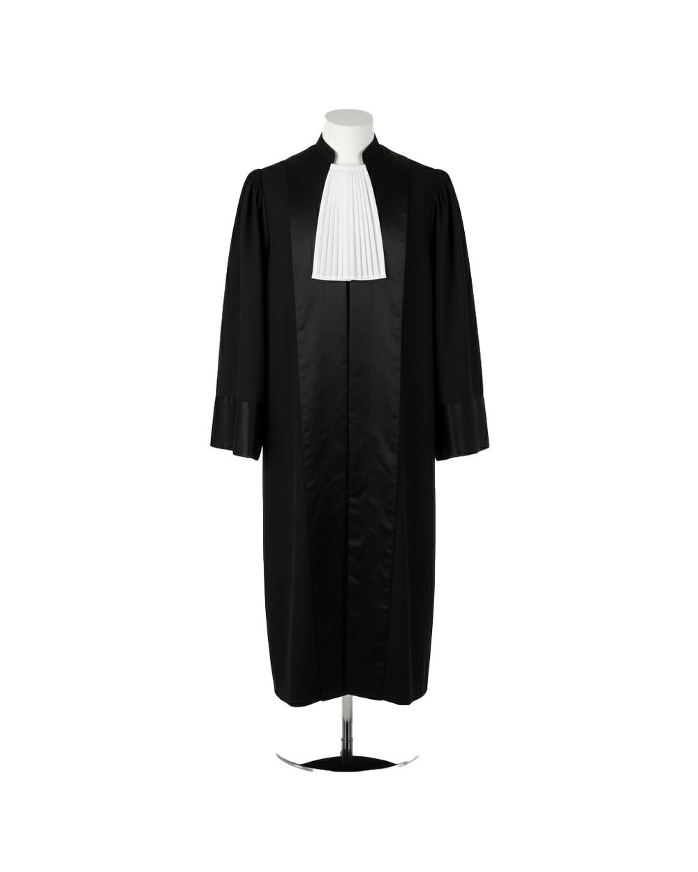 Robă de judecător Prestige, vedere din față — fâșii de satin pe piept și bavetă albă plisată